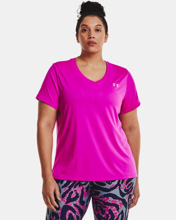 Tee-shirt à col V et manches courtes UA Tech™ pour femme, Pink, pdpMainDesktop image number 0